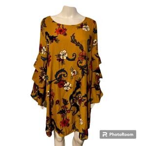She & Sky Women's Size Large Knee Length Dress Mustard Triple Ruffle Bell Sleeve
